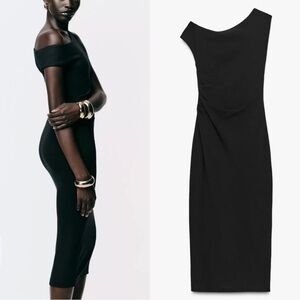 NWT Zara Black Asymmetric Midi Dress Ruched Draped One Shoulder Cap Sleeve M